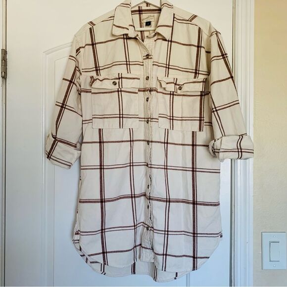 Universal Thread Cute Cream & Brown Plaid Flannel Dress/Shacket with Pockets | M - Picture 1 of 9